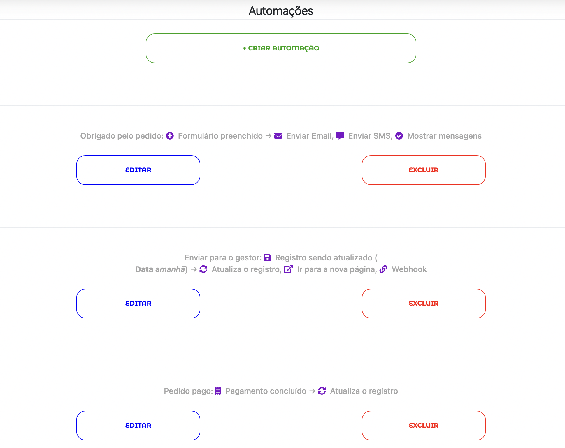 Descrições informativas das automações com novos ícones