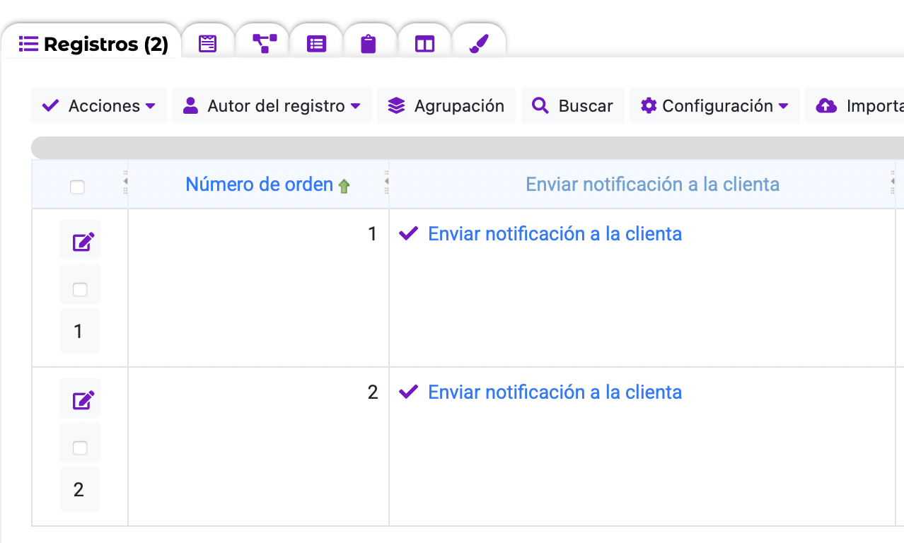 Tabla con un enlace para enviar una notificación de Telegram