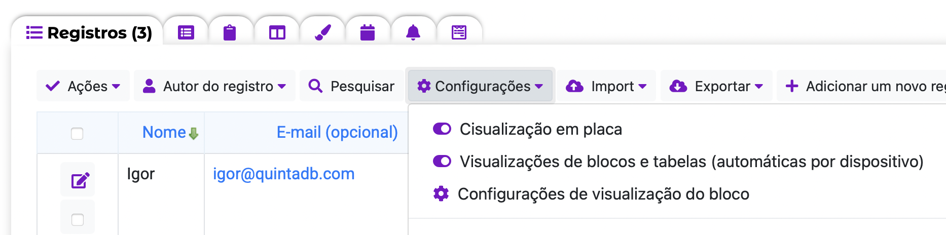 Opção de visualização de blocos e tabelas (automática por dispositivo)