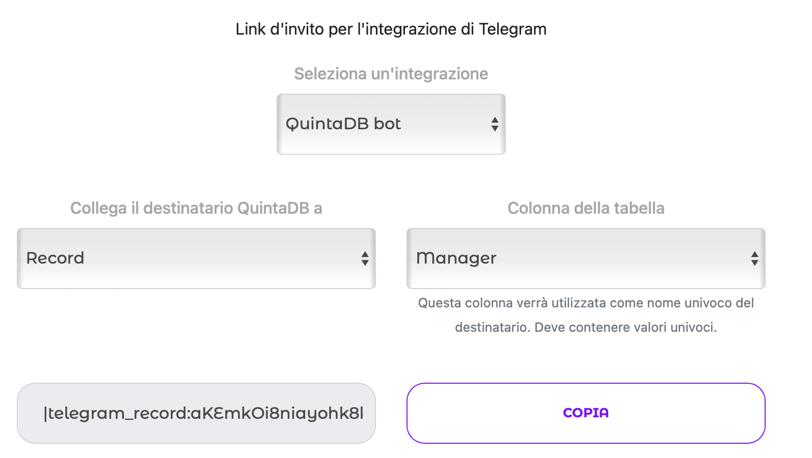 Link di Invito per l'Integrazione Telegram
