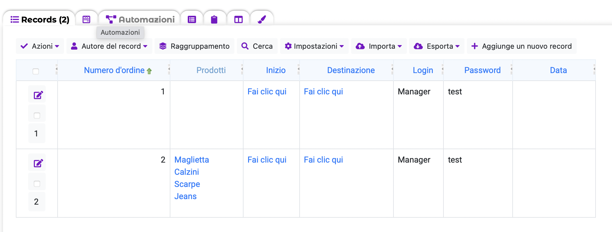 La scheda Automazioni nel menu Dati