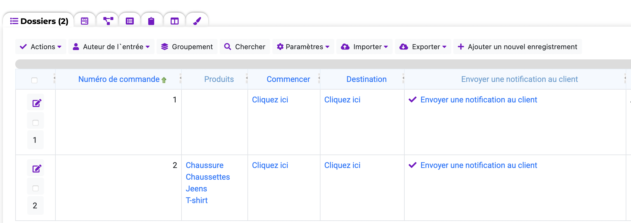 Tableau avec un lien pour envoyer une notification Telegram