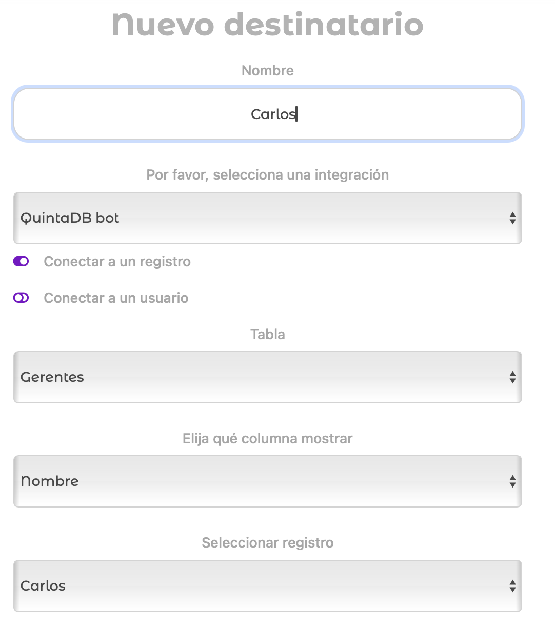 Vinculando un destinatario a un registro