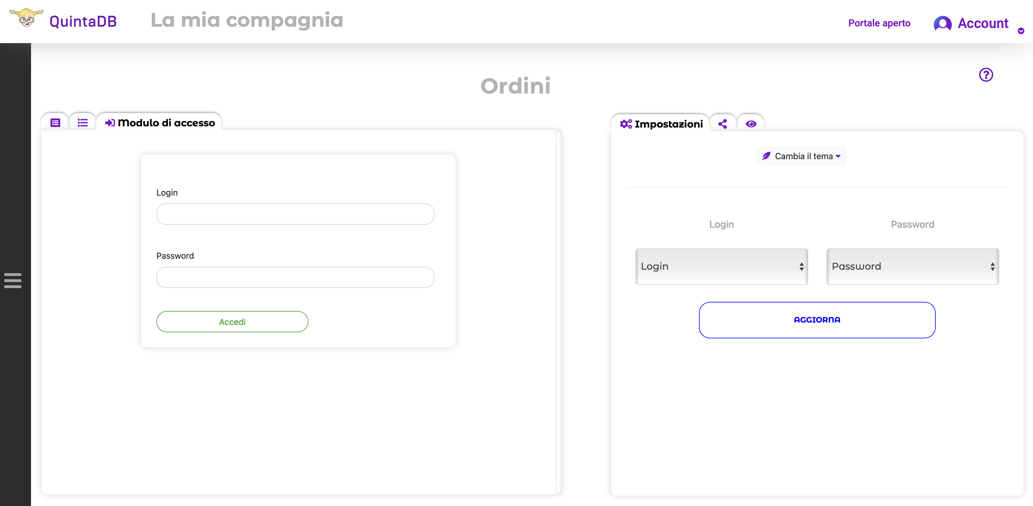 Pagina del modulo di accesso