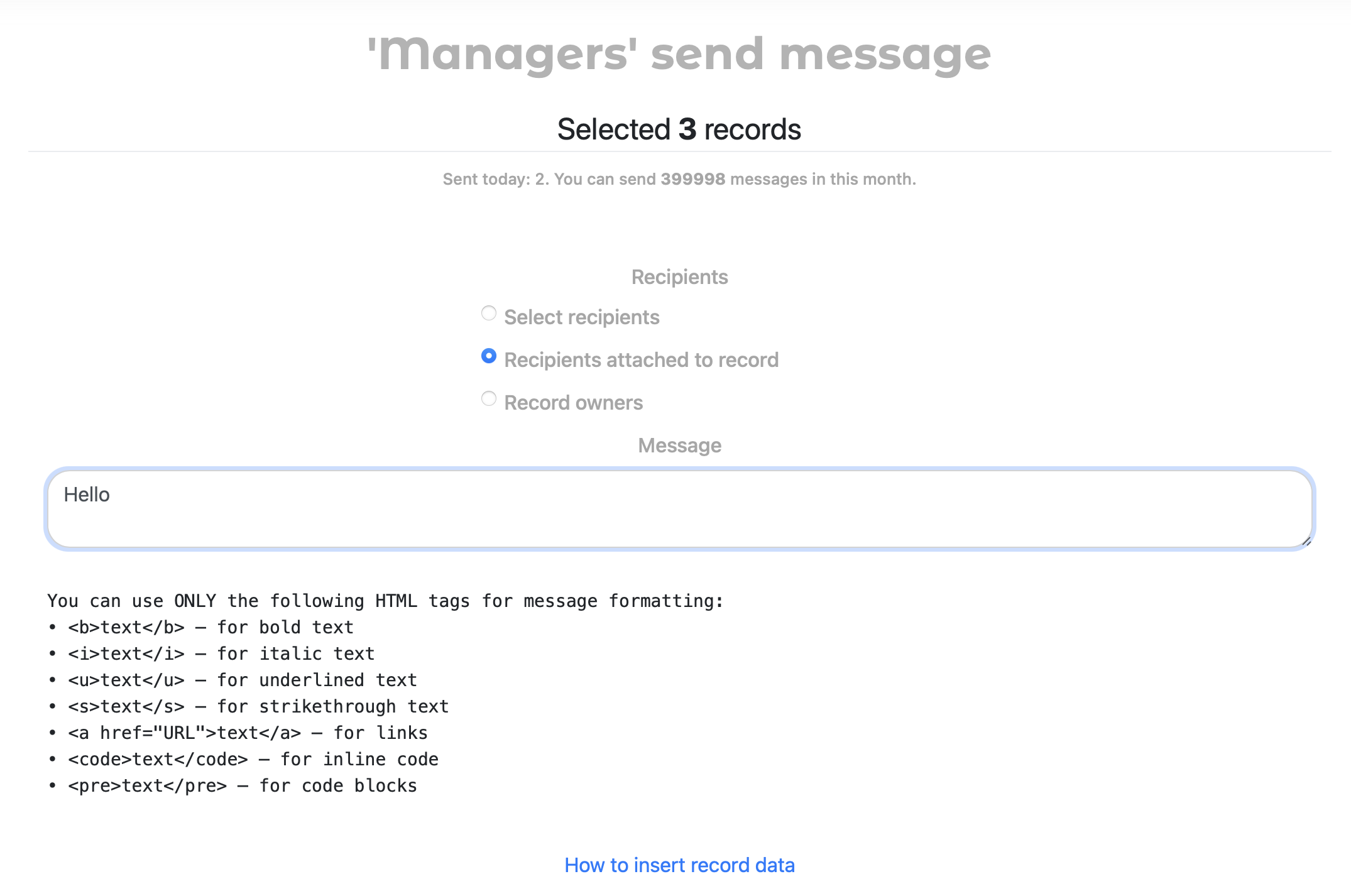 Mailing, selecting a recipient and entering a message