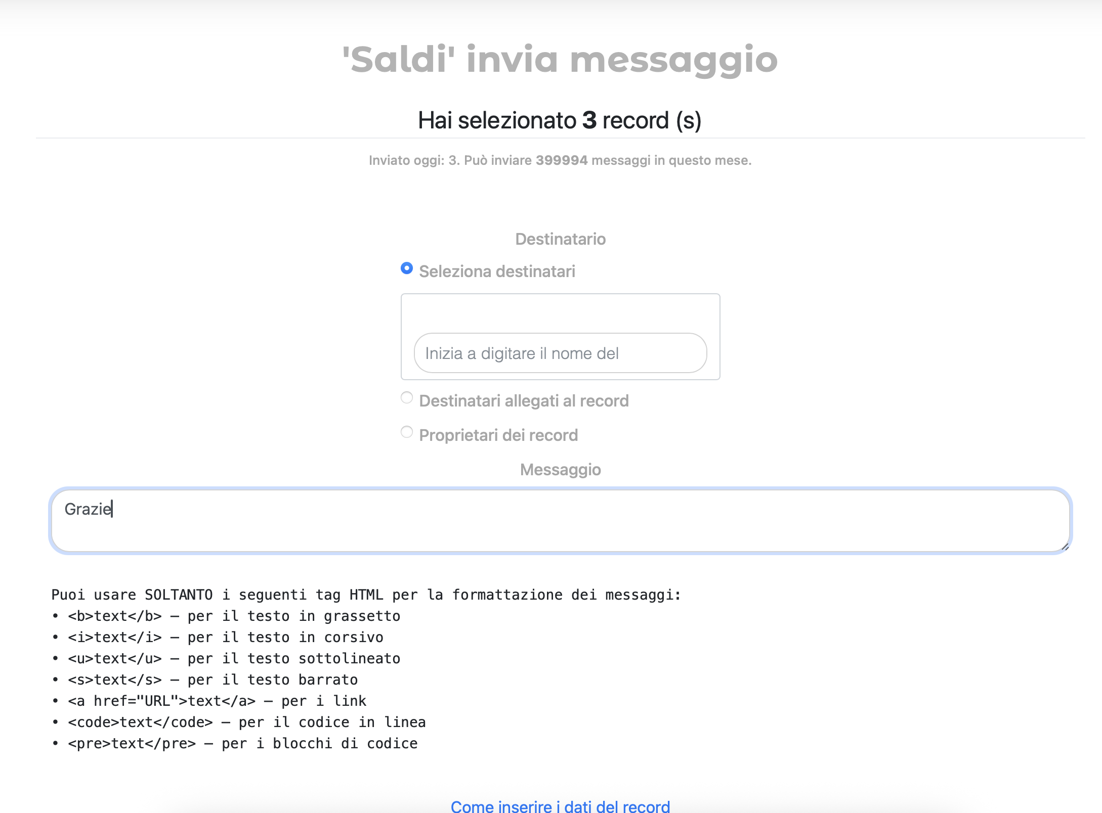 Invio, selezione di un destinatario e inserimento di un messaggio