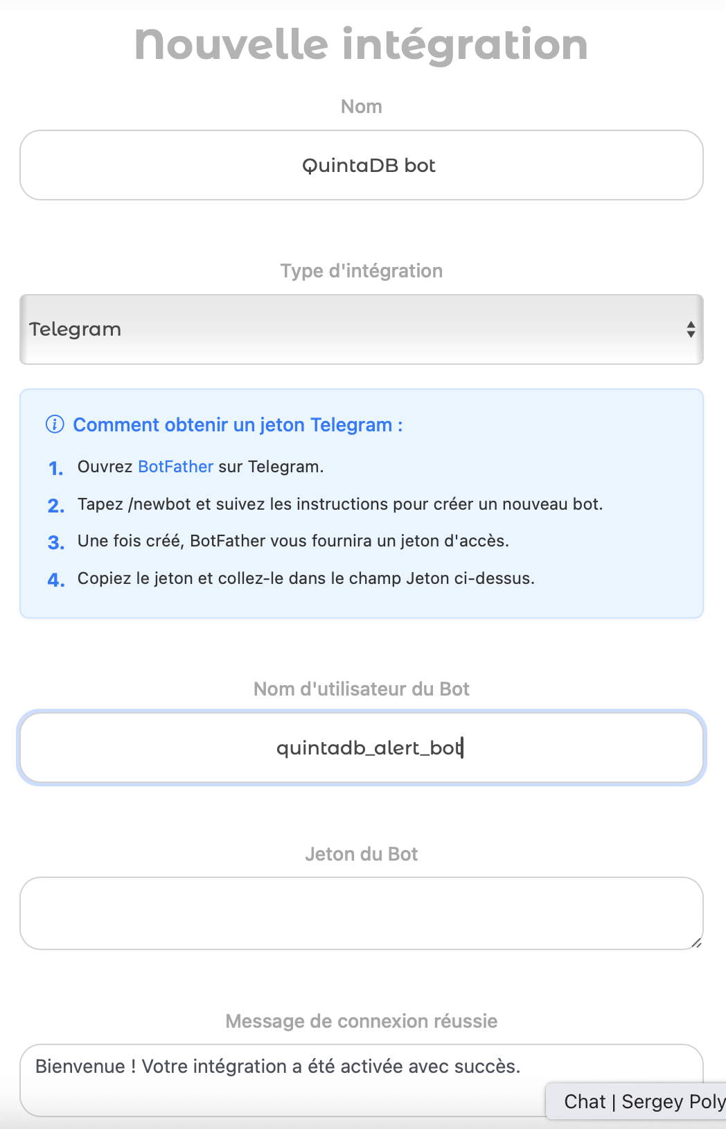 Créer une intégration avec Telegram